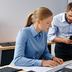 **

A bustling German office. Focus on a modern desktop featuring OCR software converting a scanned document into editable text. Employees are collaborating seamlessly, showcasing improved efficiency.

**