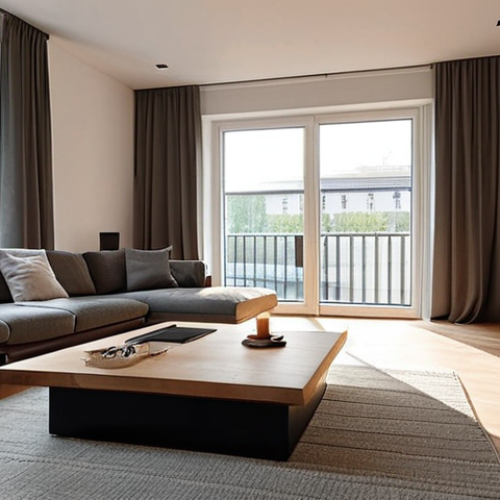Home 6 **
A modern, minimalist apartment interior in Berlin, Germany. Sunlight streams through large windows illuminating a living space equipped with smart home technology: a voice assistant device (like an Amazon Echo) on a coffee table, a smart thermostat on the wall, and automated blinds partially drawn. The scene should evoke a sense of comfort, convenience, and technological integration into everyday life. Focus on clean lines, natural materials, and a generally "wohnlich" (cozy) atmosphere.
**