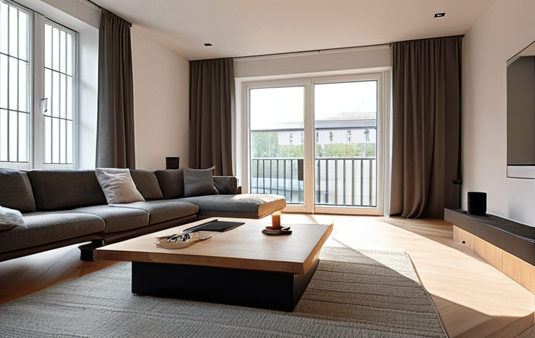 **
A modern, minimalist apartment interior in Berlin, Germany. Sunlight streams through large windows illuminating a living space equipped with smart home technology: a voice assistant device (like an Amazon Echo) on a coffee table, a smart thermostat on the wall, and automated blinds partially drawn. The scene should evoke a sense of comfort, convenience, and technological integration into everyday life. Focus on clean lines, natural materials, and a generally "wohnlich" (cozy) atmosphere.
**