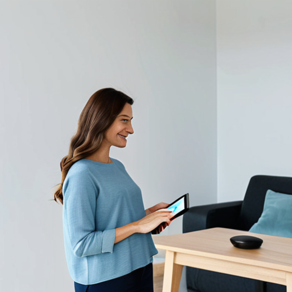 A professional adult woman, fully clothed in a modest business casual outfit, stands in a brightly lit, modern living room. She is gently interacting with a sleek, wall-mounted smart thermostat, its digital interface glowing faintly. The room features minimalist decor with subtle elements suggesting energy efficiency, such as smart plugs visible on outlets and a tablet displaying abstract energy consumption data on a contemporary coffee table. The overall scene conveys efficiency, comfort, and technological integration. safe for work, appropriate content, fully clothed, family-friendly, perfect anatomy, correct proportions, natural pose, well-formed hands, proper finger count, natural body proportions, professional photography, high quality.