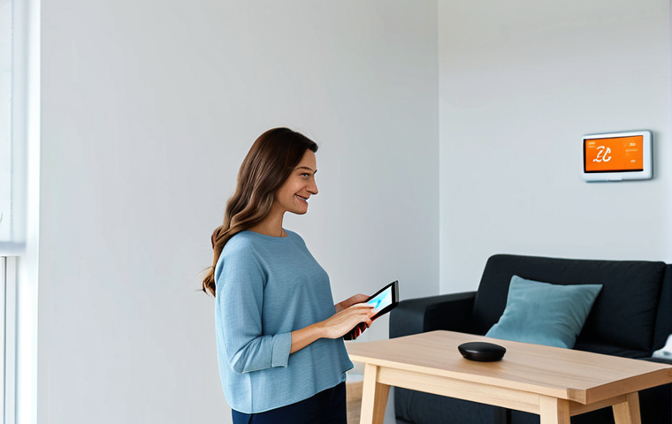A professional adult woman, fully clothed in a modest business casual outfit, stands in a brightly lit, modern living room. She is gently interacting with a sleek, wall-mounted smart thermostat, its digital interface glowing faintly. The room features minimalist decor with subtle elements suggesting energy efficiency, such as smart plugs visible on outlets and a tablet displaying abstract energy consumption data on a contemporary coffee table. The overall scene conveys efficiency, comfort, and technological integration. safe for work, appropriate content, fully clothed, family-friendly, perfect anatomy, correct proportions, natural pose, well-formed hands, proper finger count, natural body proportions, professional photography, high quality.