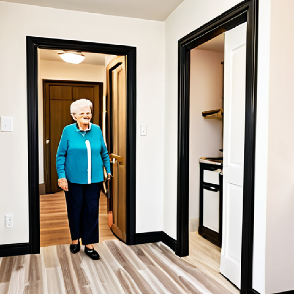 Age-Friendly Apartment**
"A bright and welcoming apartment interior designed for senior living. The scene features a fully clothed elderly woman comfortably using a voice-controlled smart home system to adjust the lighting. The apartment includes wide doorways, grab bars in the bathroom, and easily accessible kitchen appliances. The color scheme incorporates warm, calming tones. Modern design, perfect anatomy, correct proportions, well-lit, professional interior photography, safe for work, appropriate content, fully clothed, family-friendly, modest setting."
**