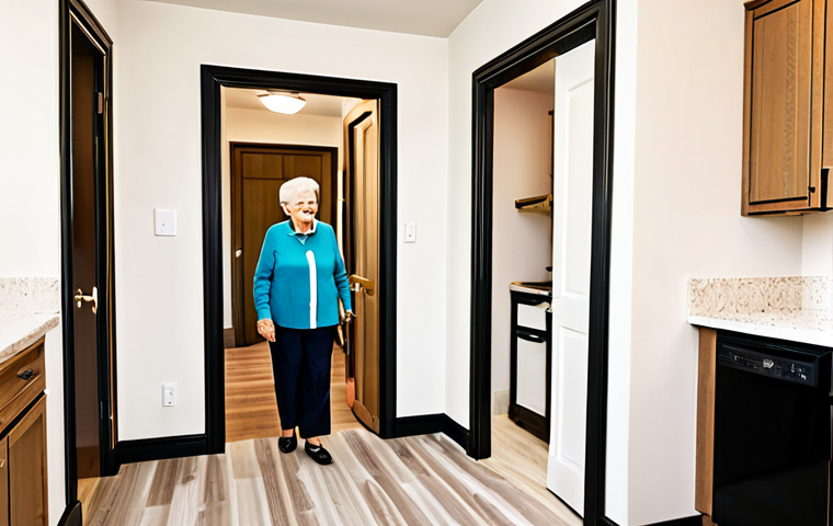 Age-Friendly Apartment**
"A bright and welcoming apartment interior designed for senior living. The scene features a fully clothed elderly woman comfortably using a voice-controlled smart home system to adjust the lighting. The apartment includes wide doorways, grab bars in the bathroom, and easily accessible kitchen appliances. The color scheme incorporates warm, calming tones. Modern design, perfect anatomy, correct proportions, well-lit, professional interior photography, safe for work, appropriate content, fully clothed, family-friendly, modest setting."
**