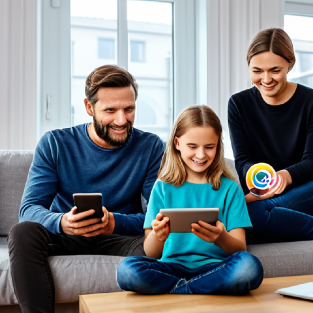 스마트 홈 기술의 보안 문제 - Secure Home Network**
"A modern German family in a cozy living room, fully clothed, using smart hom...