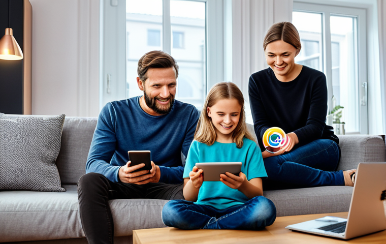 스마트 홈 기술의 보안 문제 - Secure Home Network**
"A modern German family in a cozy living room, fully clothed, using smart hom...
