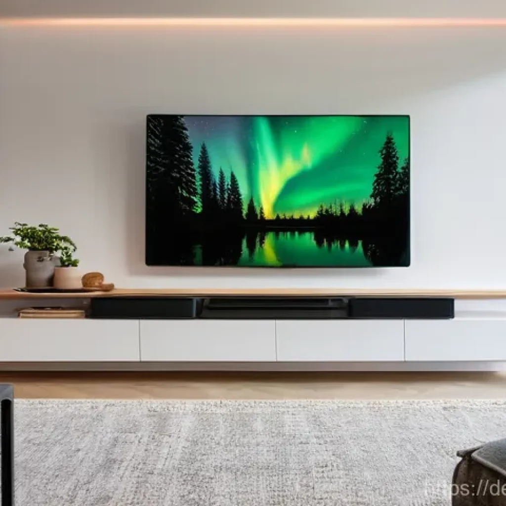 스마트 홈에서의 멀티미디어 경험 - **Prompt:** A cozy, modern German living room transformed into a home cinema. A family of three – a ...