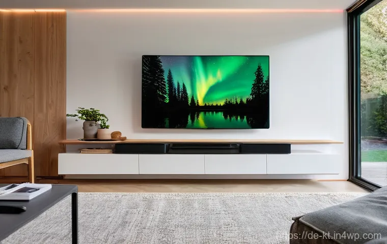 스마트 홈에서의 멀티미디어 경험 - **Prompt:** A cozy, modern German living room transformed into a home cinema. A family of three – a ...