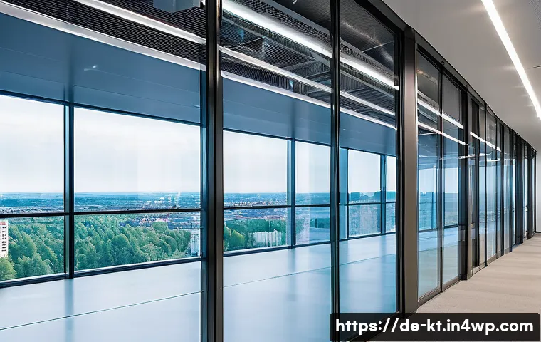 스마트 환경 디자인의 비용 절감 전략 - A modern smart office building interior showcasing automated HVAC and lighting control systems: visi...