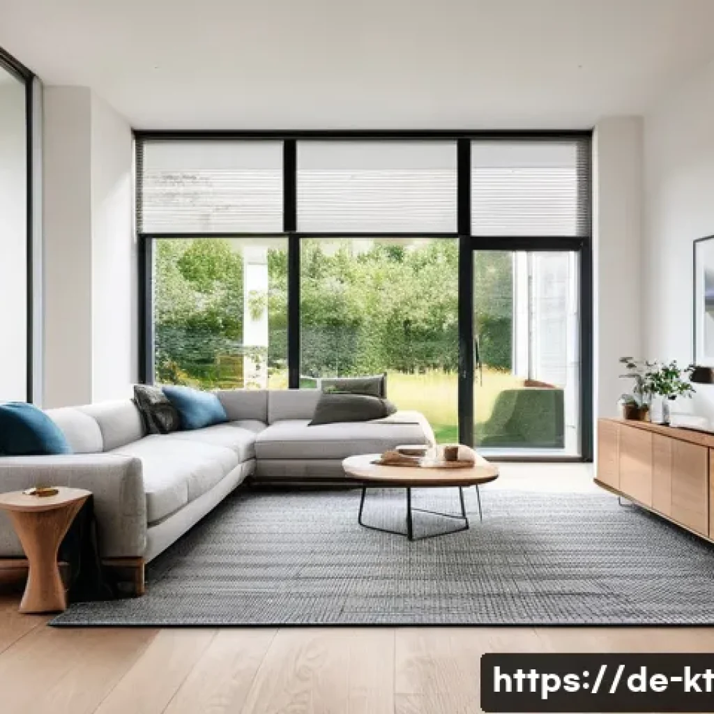 생활환경 디자인과 기술의 상호작용 - A modern German living room featuring smart home technology: sleek minimalist furniture with natural...