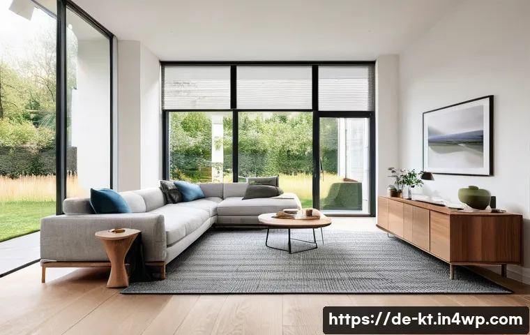 생활환경 디자인과 기술의 상호작용 - A modern German living room featuring smart home technology: sleek minimalist furniture with natural...