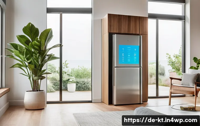 스마트 가전제품의 통합 디자인 - A modern living room interior showcasing seamless integration of smart home devices into the decor: ...