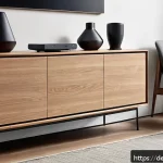 기술 통합에 적합한 가구 선택 가이드 - A modern living room interior featuring a sleek wooden sideboard with integrated wireless charging s...