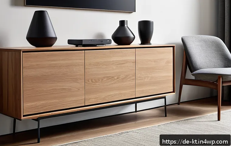 기술 통합에 적합한 가구 선택 가이드 - A modern living room interior featuring a sleek wooden sideboard with integrated wireless charging s...