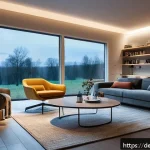 기술 통합으로 인한 주거 공간의 변화 - A modern smart home living room in Germany during winter evening, featuring automated warm LED light...