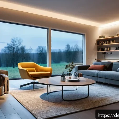 기술 통합으로 인한 주거 공간의 변화 - A modern smart home living room in Germany during winter evening, featuring automated warm LED light...