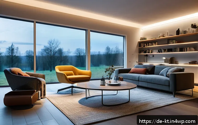 기술 통합으로 인한 주거 공간의 변화 - A modern smart home living room in Germany during winter evening, featuring automated warm LED light...