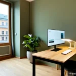 홈 오피스 디자인에서의 기술 통합 - Photorealistic smart home office in a bright Berlin Altbau apartment, integrated height-adjustable o...