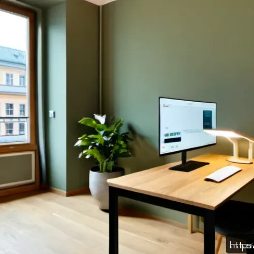 홈 오피스 디자인에서의 기술 통합 - Photorealistic smart home office in a bright Berlin Altbau apartment, integrated height-adjustable o...