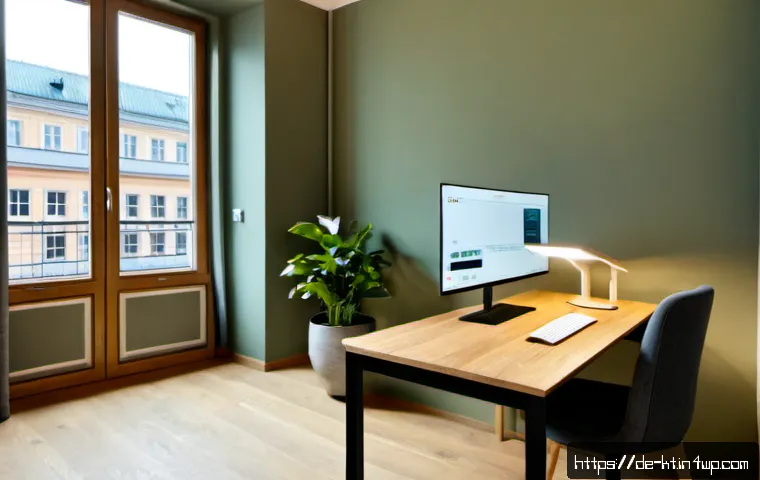 홈 오피스 디자인에서의 기술 통합 - Photorealistic smart home office in a bright Berlin Altbau apartment, integrated height-adjustable o...